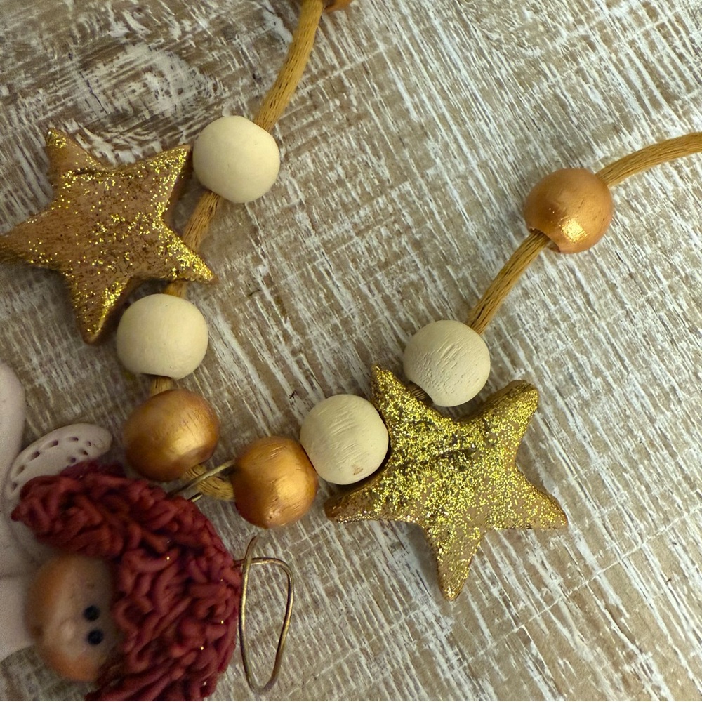 Gold & Cream Clay Angel with Stars and beads Necklace, 26" - Picture 3 of 13